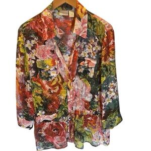 Chico's Sheer Multicolor Floral Button Up Shirt Blouse Drawstring Waist Size XL